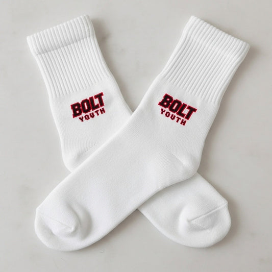 BOLT YOUTH  Premium Cotton Crew Socks – White Unisex Sports & Casual Wear